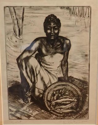 painting of a man sitting on the beach with a basket of fish