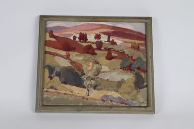 an oil painting of a landscape with trees and hills in the background