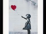 a painting of a girl holding a red balloon in the shape of a heart