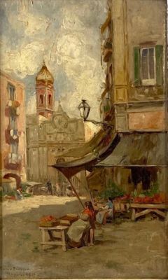 painting of a street scene with people sitting at tables and a clock tower in the background