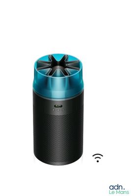 une image représentant une enceinte noire et bleue avec une lumière bleue