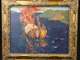painting of a boat with people on it in a body of water