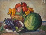 a painting of a bowl of fruit and a watermelon on a table