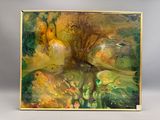 tableau représentant une femme assise sur une branche d'arbre au bord d'un étang