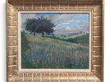 an oil painting of a field with a lone tree in the distance