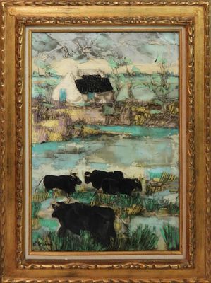 une peinture à l'huile représentant des vaches paissant dans un champ au bord d'une rivière