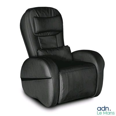 the recliner chair is black leather and has a reclining function