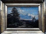 an oil painting of a landscape with a windmill in the distance