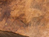 a close up of a rock with a sign on it