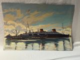 une peinture représentant un grand navire sur l'eau