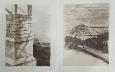 two drawings of a bridge and a building in a book