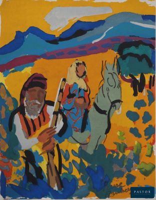 an image of a painting of a man riding a horse and a woman on a horse