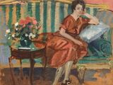 tableau représentant une femme en robe rouge assise sur un canapé vert