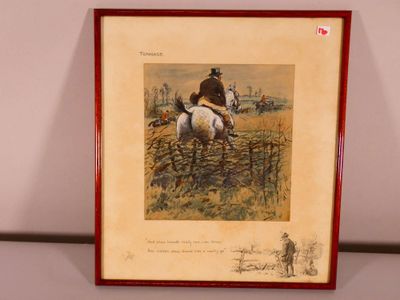 tableau représentant un homme à cheval dans un champ bordé d'une clôture