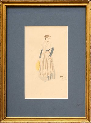 painting of a woman in a striped dress holding a yellow umbrella