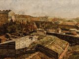 a painting of a train going down the tracks