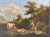 an image of a painting of a woman and two cows in a field