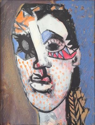 une image représentant un tableau où l'on voit une femme avec un oiseau posé sur son visage