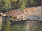 a painting of a woman in a boat on the water