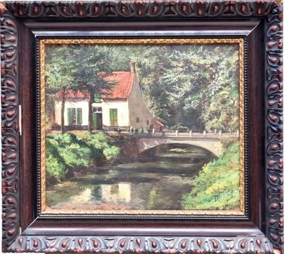 an oil painting of a house by a river with a bridge in the foreground