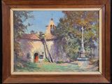 an oil painting of a church with a bell tower in the background
