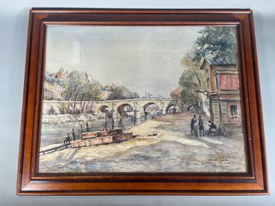 tableau représentant un pont enjambant une rivière, sur lequel marchent des personnes
