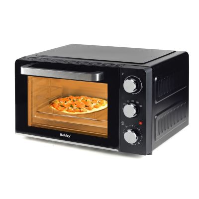 a black toaster oven with a pizza inside of it