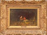 tableau représentant un garçon et un chien dans un décor boisé