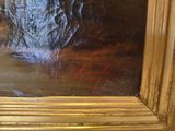 a picture of a painting of a rock in the water