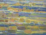 peinture abstraite représentant un champ d'herbe et de rochers, avec un ciel bleu en arrière-plan
