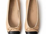 chanel beige and black leather ballet shoes with bow detail