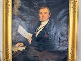 painting of a man in a suit sitting at a desk with a sheet of paper in front of him