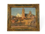 an oil painting of a city with a bridge and a building