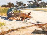 a painting of a boat on the beach by the water