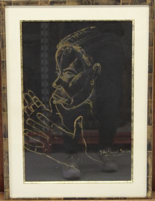 painting of a man holding his hands up in front of his face