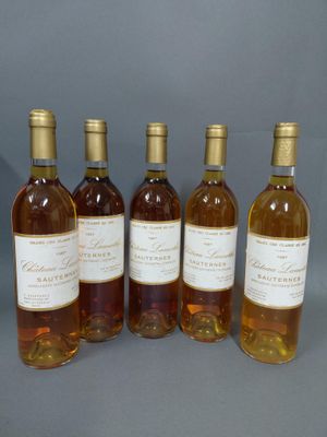 six bouteilles de vin sont alignées dans une rangée