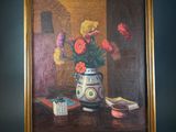 a painting of flowers in a vase on a table
