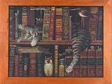 a painting of a cat that is sitting on a shelf