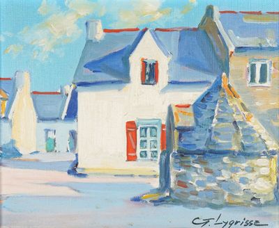 tableau représentant une maison blanche aux volets rouges