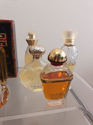 des flacons de parfum posés sur une étagère en verre à côté d'un livre