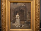 un vieux tableau représentant une femme en robe blanche avec un chien