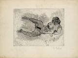 drawing of a woman laying on her stomach in a black and white photo