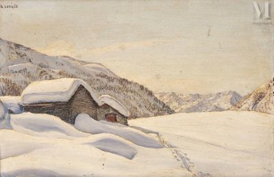 painting of a small cabin in the snow with a mountain in the background