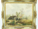 une peinture à l'huile d'un paysage avec une maison au loin