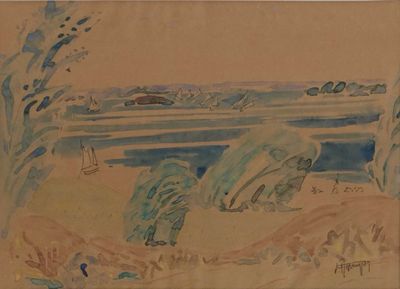 Ecole du XXe "Navires dans la rade" Aquarelle signée en bas …