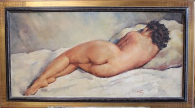 une peinture à l'huile représentant une femme nue allongée sur un lit