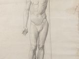 an old drawing of a man with a pole in his hand