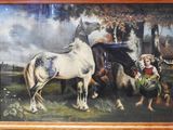 a painting of a horse and a dog in a field