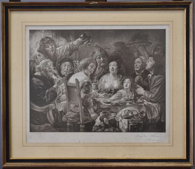 a black and white drawing of a group of people sitting around a table