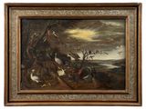 painting of a group of birds in a wooded landscape by a river
